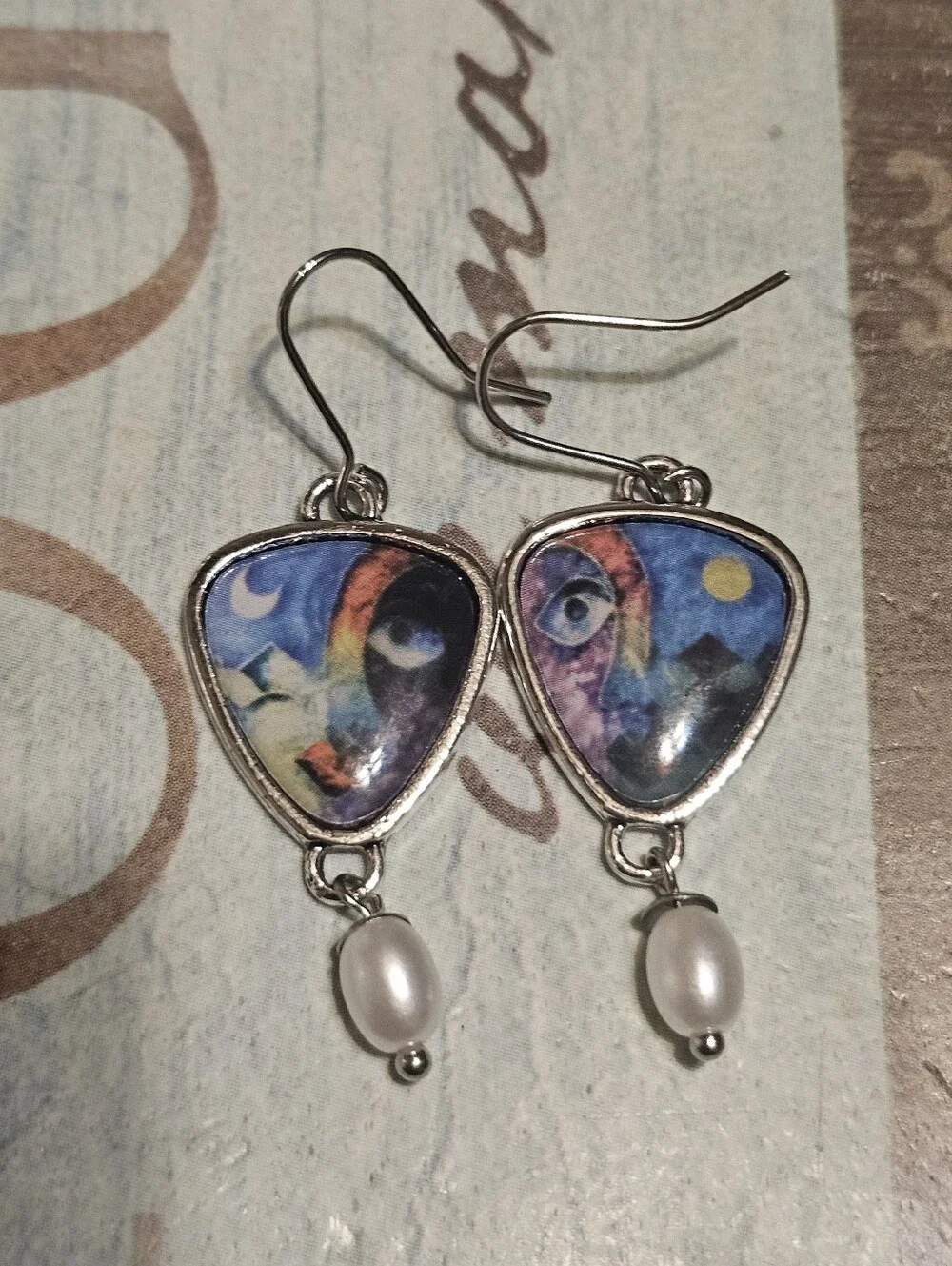Unique Silver Tone Moon & Sun Pearl Dangle Earrings